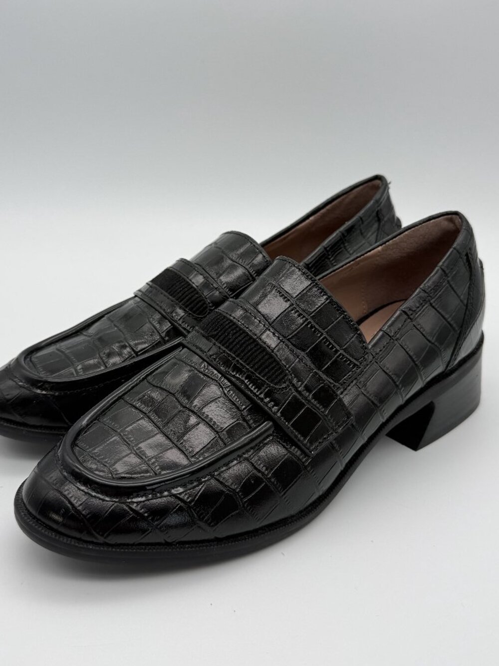 Zac Posen Black Croc Embossed Leather Block Heel Penny Loafers Size 7M